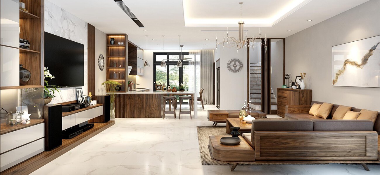 Thiết kế nội thất nhà biệt thự mang phong cách gỗ óc chó